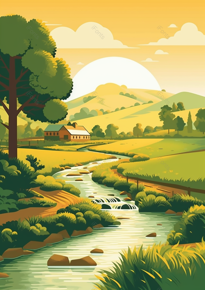 农舍小屋安静自然小河流淌河水穿过草地树林田园主义插画,插画/手绘图,插画/手绘图库,插画/手绘图下载,插画/手绘